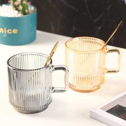 (READY STOCK)Coffee Tea Mug With Lid And Spoon Vertical Stripe Glass Creative Nordic Style 330ml