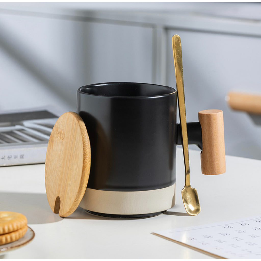 (READY STOCK)Coffee Tea Mug with Wood Handle Nordic Design With Lid and Spoon 350ml 420ml 460ml