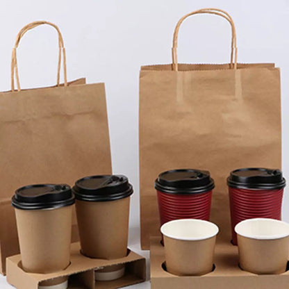 (READY STOCK)Kraft Paper Bag With Handle Solid Color Gift Packaging Take Away Drink Food 100pcs