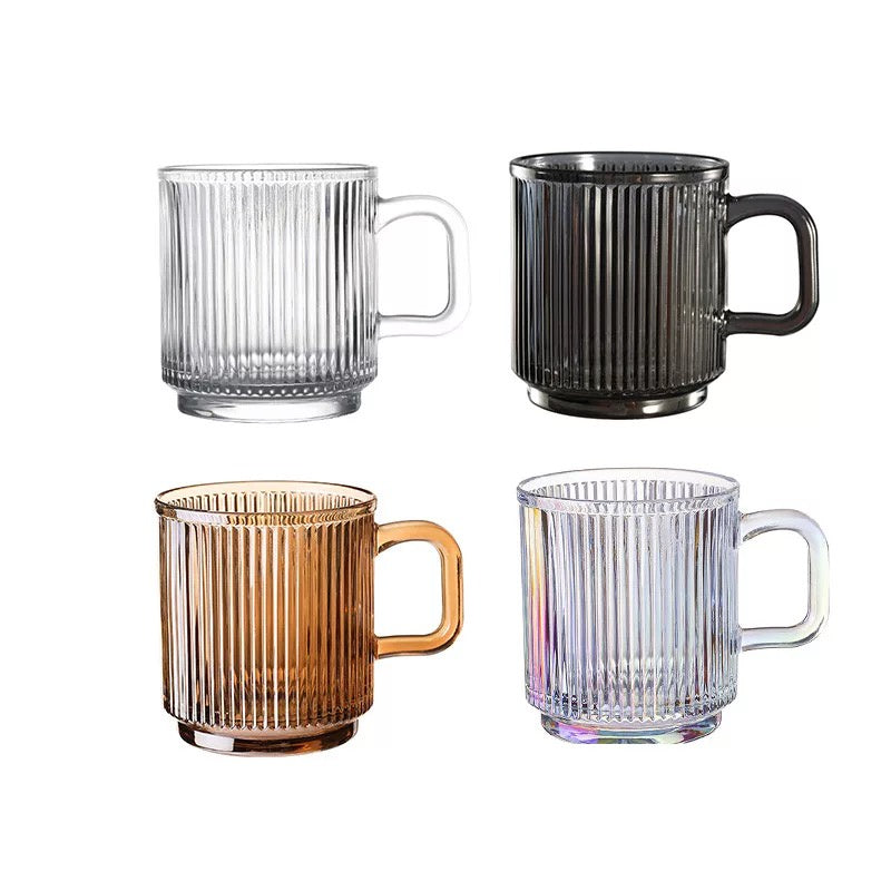 (READY STOCK)Coffee Tea Mug With Lid And Spoon Vertical Stripe Glass Creative Nordic Style 330ml