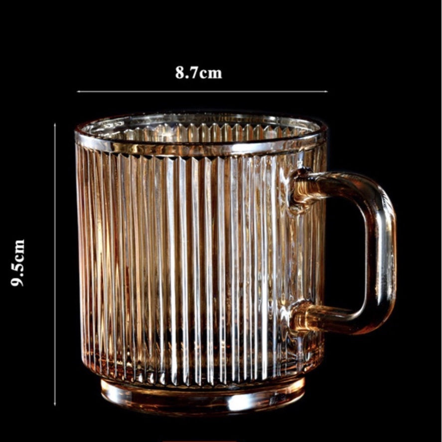 (READY STOCK)Coffee Tea Mug With Lid And Spoon Vertical Stripe Glass Creative Nordic Style 330ml