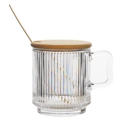 (READY STOCK)Coffee Tea Mug With Lid And Spoon Vertical Stripe Glass Creative Nordic Style 330ml