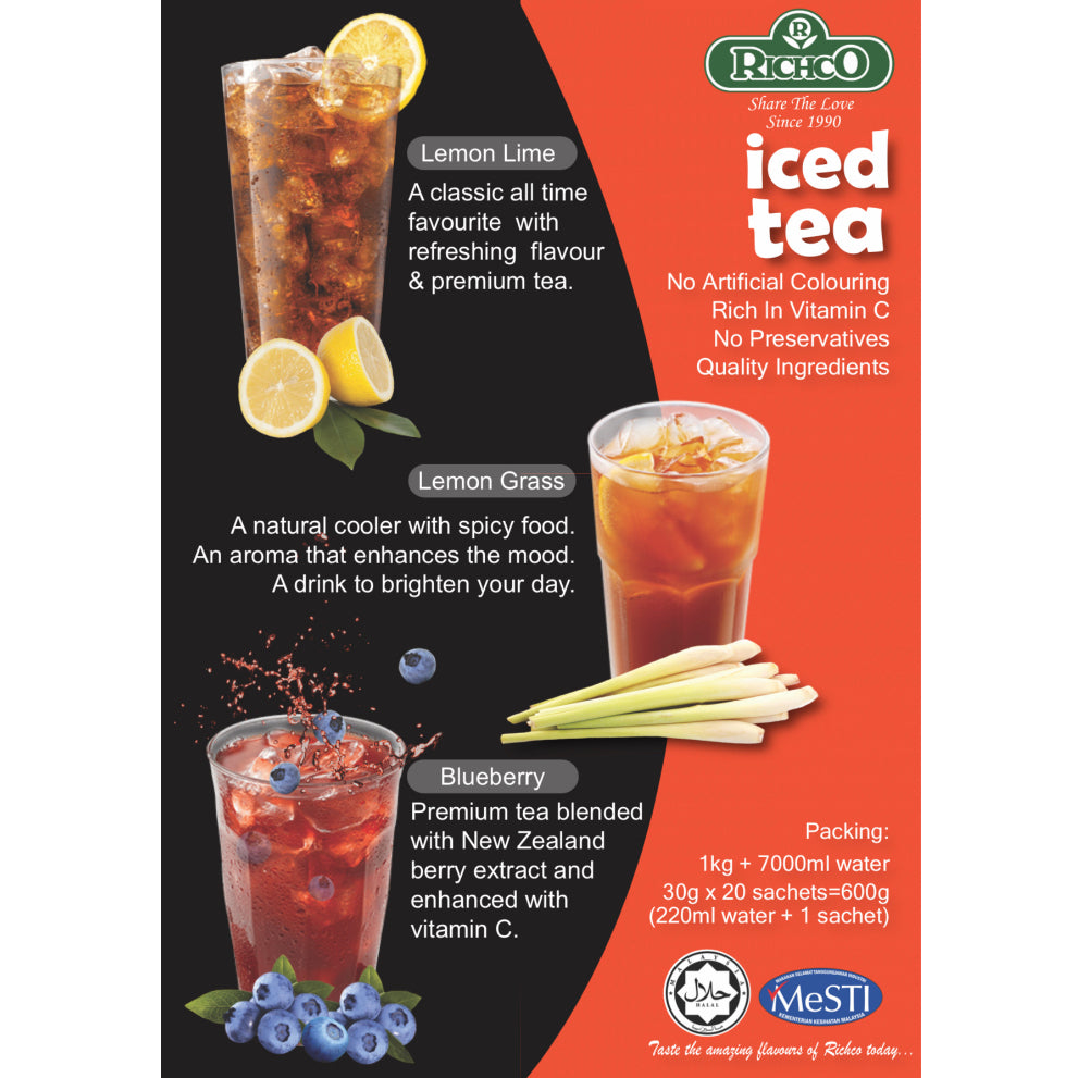 (Ready Stock)RICHCO Premium Fruit Ice Tea 1KG / 30gram Sachet Pack HALAL (LEMONGRASS/ LEMON LIME/ PEACH TEA)