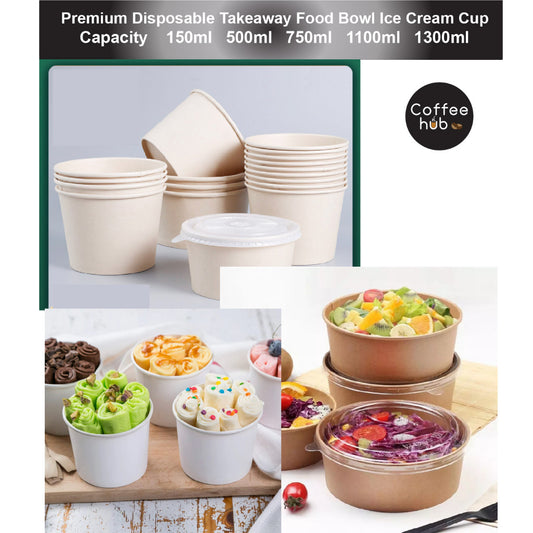 (READY STOCK)Disposable Kraft Paper Bowls Fruit Salad Ice Cream Food Packaging Container Take Away With Lid 50PCS