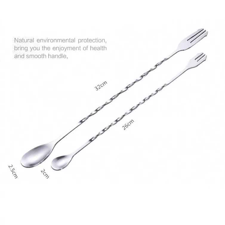 (Ready Stock)Cocktail Bar Spoon Double Head Cum Fork Bullet Head For Mixing Swizzle Stick 26cm 32cm Length