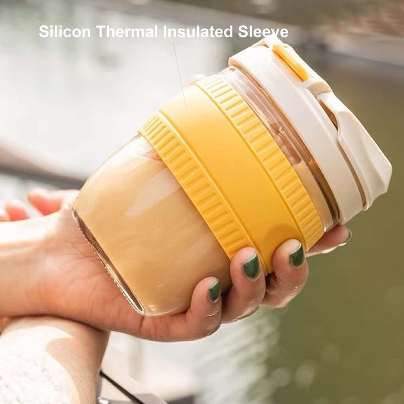 (Ready Stock)Coffee Reusable Takeaway Glass Cup With Straw Outdoor Thermal Insulated Sleeve 350ml