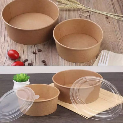 (READY STOCK)Disposable Kraft Paper Bowls Fruit Salad Ice Cream Food Packaging Container Take Away With Lid 50PCS