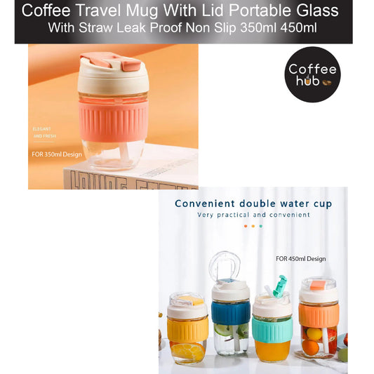 (READY STOCK)Coffee Travel Mug With Lid Portable Glass With Straw Leak Proof Non Slip 350ml 450ml