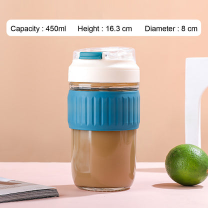 (READY STOCK)Coffee Travel Mug With Lid Portable Glass With Straw Leak Proof Non Slip 350ml 450ml