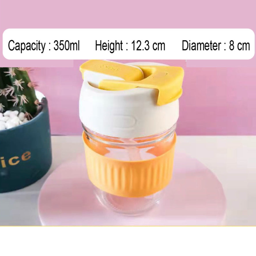 (READY STOCK)Coffee Travel Mug With Lid Portable Glass With Straw Leak Proof Non Slip 350ml 450ml