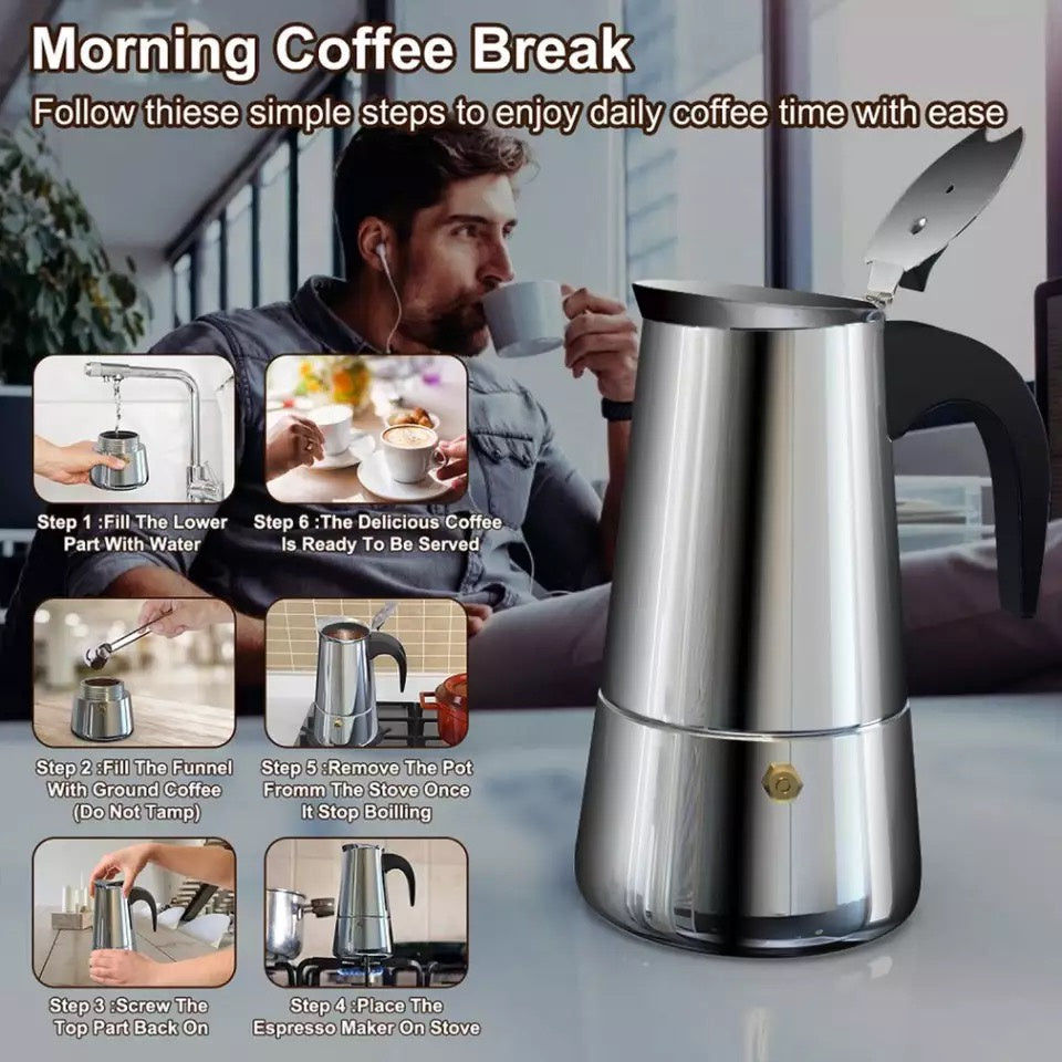 (Ready Stock)Espresso Coffee Moka Pots Coffee Maker Stainless Steel Stovetop 4Cups 6Cups 9Cups