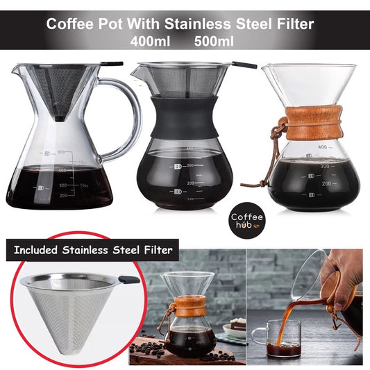 (Ready Stock)Coffee Espresso Hand Brew Drip Filter V60 Glass Pot With Reusable Stainless Steel Filter 400ml 500ml