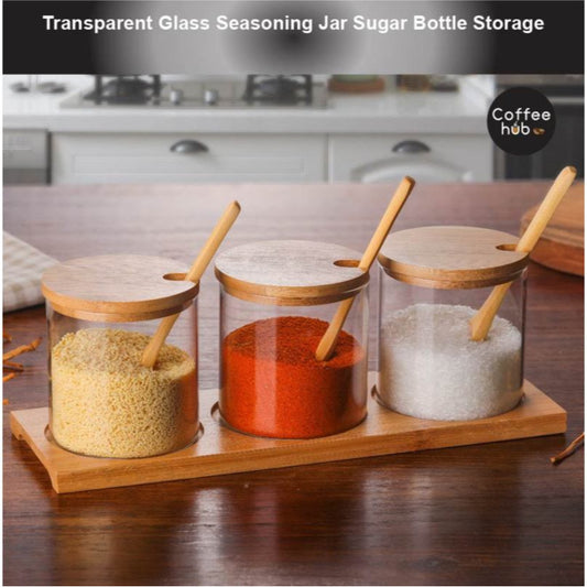 (Ready Stock)Transparent Glass Seasoning Jar Sugar Bottle Storage With Wooden Spoon Kitchen Tools