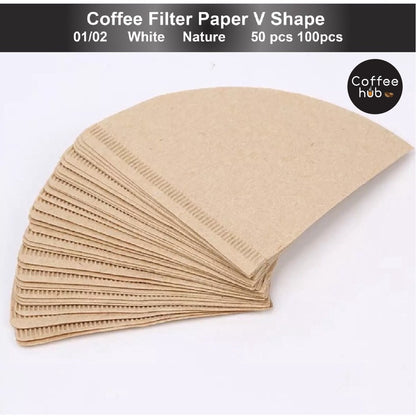 (Ready Stock)Coffee Filter Pour Over Paper V shape for V60 Dripper 01/02 Natural/White 50pcs 100pcs