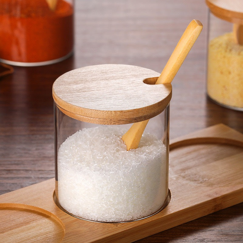 (Ready Stock)Transparent Glass Seasoning Jar Sugar Bottle Storage With Wooden Spoon Kitchen Tools