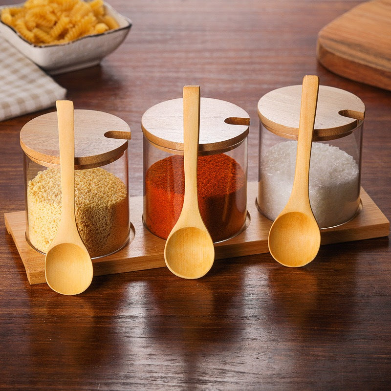 (Ready Stock)Transparent Glass Seasoning Jar Sugar Bottle Storage With Wooden Spoon Kitchen Tools