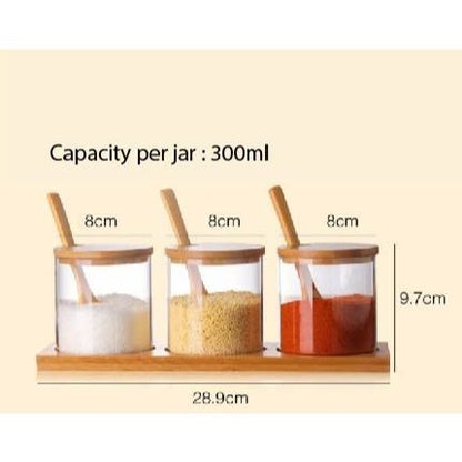 (Ready Stock)Transparent Glass Seasoning Jar Sugar Bottle Storage With Wooden Spoon Kitchen Tools