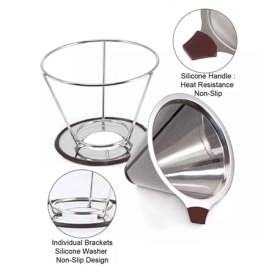 (Ready Stock)Coffee Filter Dripper V60 Stainless Steel Reusable Double Layer Mesh Paperless