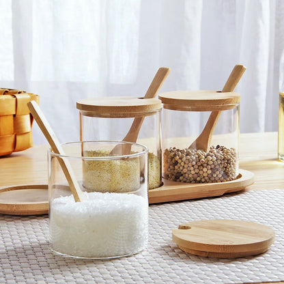 (Ready Stock)Transparent Glass Seasoning Jar Sugar Bottle Storage With Wooden Spoon Kitchen Tools