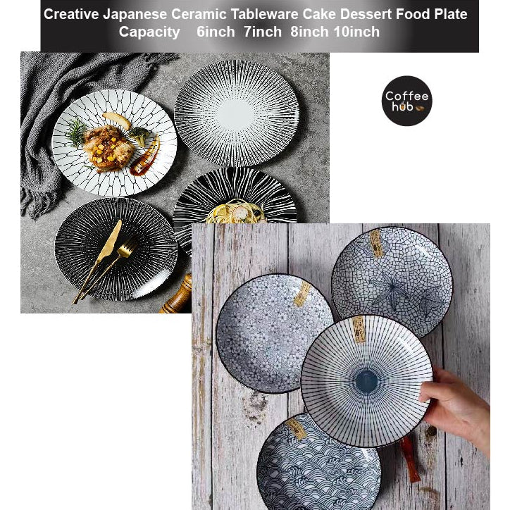 (Ready Stock)Creative Japanese Ceramic Tableware Retro Home Kitchen Restaurant Pasta Dessert Steak Round Plates