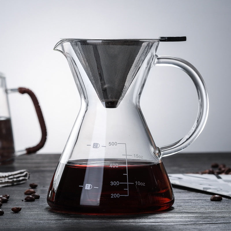 (Ready Stock)Coffee Espresso Hand Brew Drip Filter V60 Glass Pot With Reusable Stainless Steel Filter 400ml 500ml