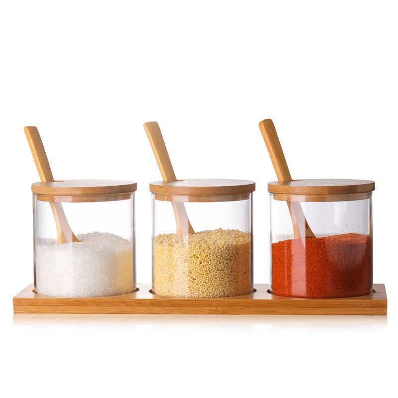 (Ready Stock)Transparent Glass Seasoning Jar Sugar Bottle Storage With Wooden Spoon Kitchen Tools