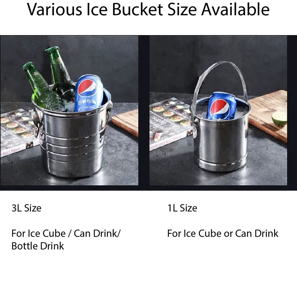 (READY STOCK)Ice Bucket Ice Cube Barrel Beer Champagne Wine Chiller Bottle Cooler Stainless Steel Steel 1L/3L Capacity