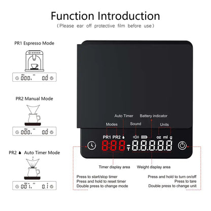 (Ready Stock)Espresso Coffee Digital Precision Smart Scale Food Scale With Timer Function LED Display Screen 2kg/0.1gram