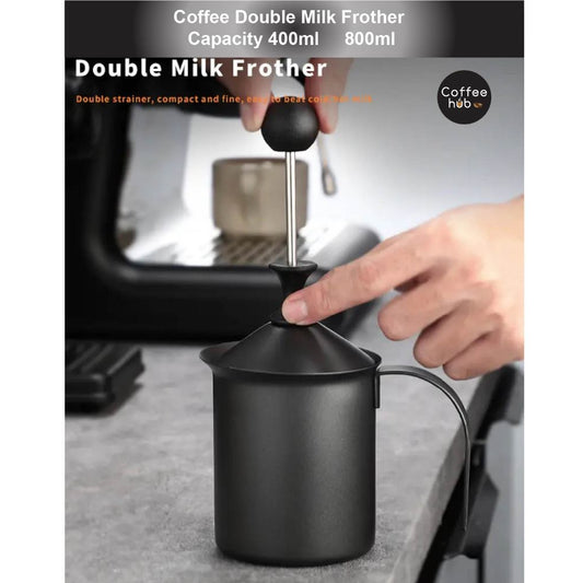 Ready Stock)Coffee Hand Pump Manual Milk Foam Frother Stainless Steel Teflon Double Mesh Jug 400ml 800ml