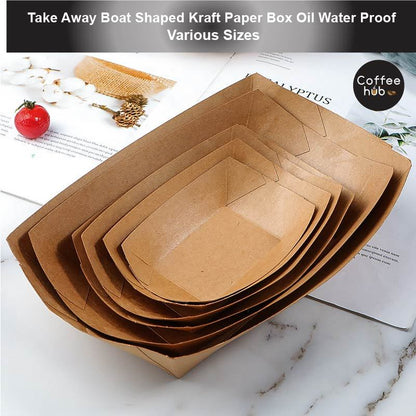 (Ready Stock)Take Away Disposable Paper Boat Shaped Kraft Paper Box Water and Oil Proof Fried Food Picnic Box 50pcs