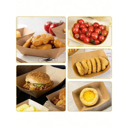 (Ready Stock)Take Away Disposable Paper Boat Shaped Kraft Paper Box Water and Oil Proof Fried Food Picnic Box 50pcs