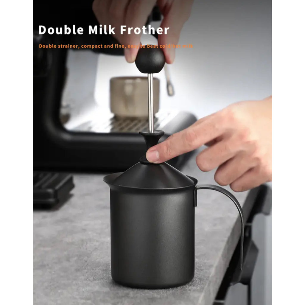 Ready Stock)Coffee Hand Pump Manual Milk Foam Frother Stainless Steel Teflon Double Mesh Jug 400ml 800ml