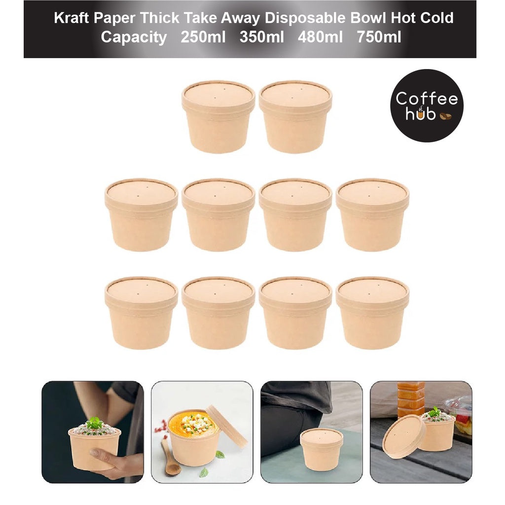 (READY STOCK)Disposable Take Away Kraft Paper Bowl With Paper Lid Hot Soup TAPAU Food Fruit Ice Cream Thick Paper 50 PCS