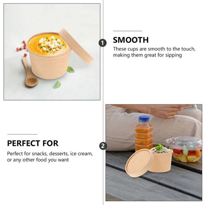 (READY STOCK)Disposable Take Away Kraft Paper Bowl With Paper Lid Hot Soup TAPAU Food Fruit Ice Cream Thick Paper 50 PCS