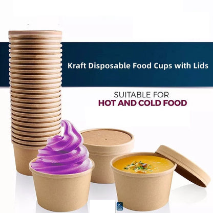 (READY STOCK)Disposable Take Away Kraft Paper Bowl With Paper Lid Hot Soup TAPAU Food Fruit Ice Cream Thick Paper 50 PCS