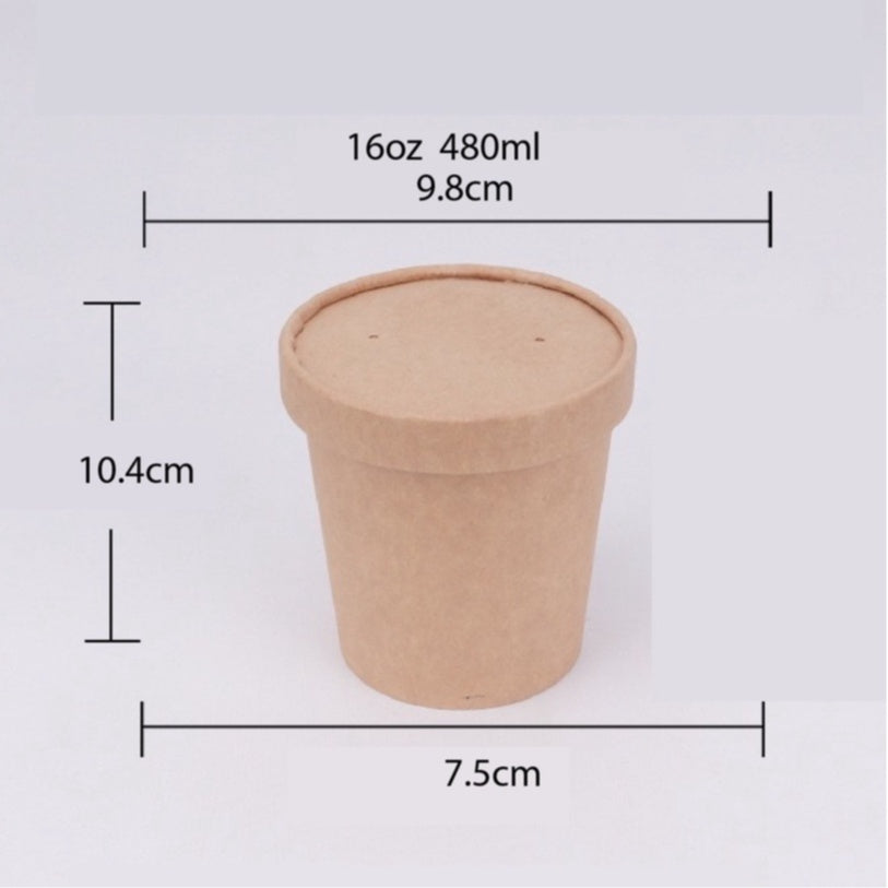 (READY STOCK)Disposable Take Away Kraft Paper Bowl With Paper Lid Hot Soup TAPAU Food Fruit Ice Cream Thick Paper 50 PCS