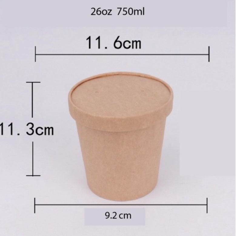 (READY STOCK)Disposable Take Away Kraft Paper Bowl With Paper Lid Hot Soup TAPAU Food Fruit Ice Cream Thick Paper 50 PCS