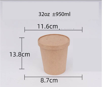 (READY STOCK)Disposable Take Away Kraft Paper Bowl With Paper Lid Hot Soup TAPAU Food Fruit Ice Cream Thick Paper 50 PCS