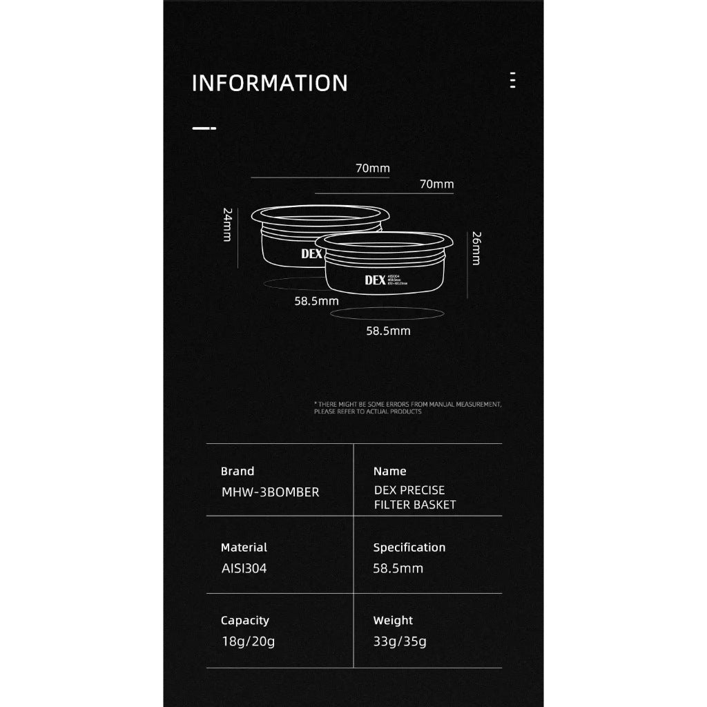 (Ready Stock)MHW-3Bomber DEX precise filter basket Stainless Steel Espresso Filter Baskets Fit 58mm Portafilter 18g 20g