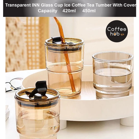 (Ready Stock)Coffee Espresso Tea Travel Sports Mug Tumbler 420ml 450ml Transparent Glass With Lid Multi Color