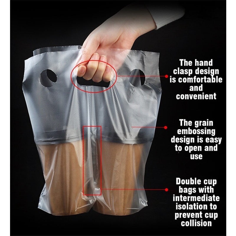 (READY STOCK)Paper Cup Plastic Bag Thickened Disposable Take Away Packaging Bag Milk Tea Beverage 100pcs