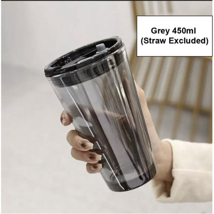 (Ready Stock)Coffee Espresso Tea Travel Sports Mug Tumbler 420ml 450ml Transparent Glass With Lid Multi Color