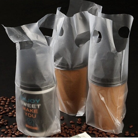 (READY STOCK)Paper Cup Plastic Bag Thickened Disposable Take Away Packaging Bag Milk Tea Beverage 100pcs