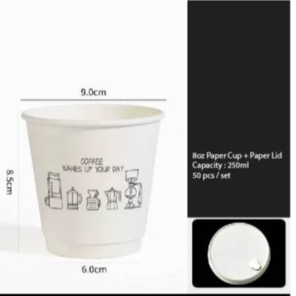 (Ready Stock)Coffee Paper Cup High End Double Wall Heat Insulation Disposable With Lid 8oz Random Design(±50pcs/bag))